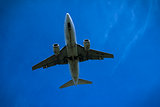 Jet airplane flying overhead close-up