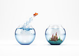 Improvement and progress concept with a jump of goldfish 3D Rendering