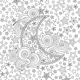 Contour image of moon crescent clouds, stars in zentangle inspired doodle style. Square composition.