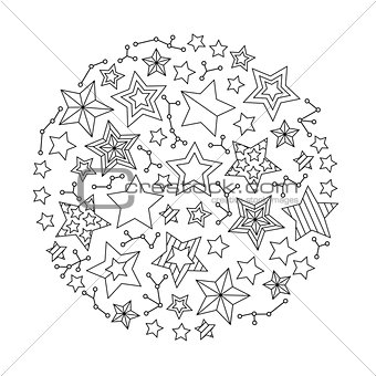 Graphic Round Mandala with stars . Zentangle inspired style.
