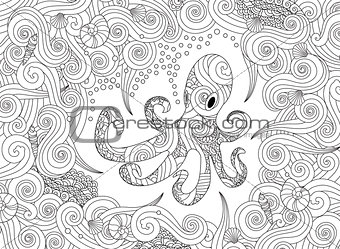 Coloring page with ornate octopus isolated on white background.