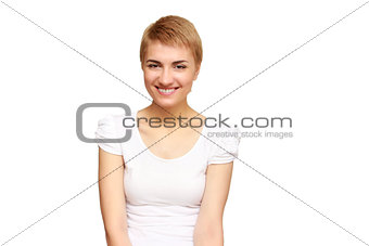 portrait of a casual pretty young smiling girl thinking about something isolated on the white background