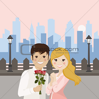 Couple of lovers on a romantic date with sunset square background