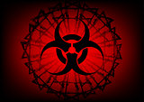 biohazard symbol and  barbed wire on red background
