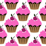 Pink cream cupcake with cherry seamless pattern