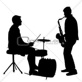 Silhouette musician, drummer and saxophonist on white background, vector illustration