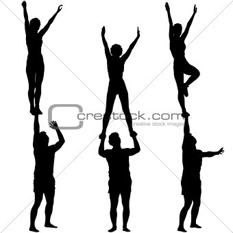 Set Black silhouette two acrobats show stand on hand. Vector illustration