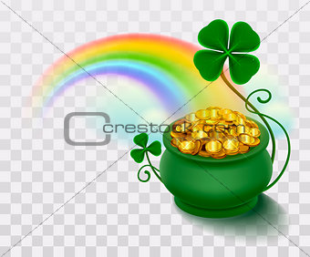 Rainbow, green leaf lucky clover and pot full of gold