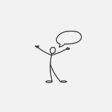 Happy man stick figure open to the world and speech bubble