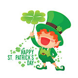 Happy St. Patrick's Day Leprechaun Holding Shamrock