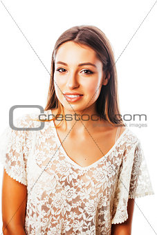 young beauty woman smiling dreaming isolated on white close up e