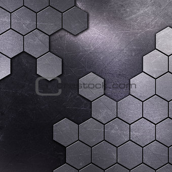 Scratched metal background with hexagon shapes