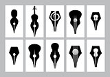 monochrome set of templates for business card with nib, guitar, violin, treble clef