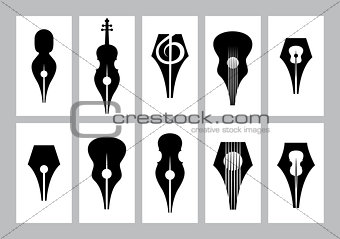 monochrome set of templates for business card with nib, guitar, violin, treble clef