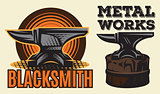 Set of vintage colored blacksmith label with anvil. Vector illustration.