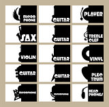vector set of template for business cards on the theme of musical instruments, radio, disco