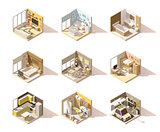 Vector isometric low poly home rooms set