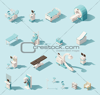 Vector isometric low poly medical equipment set