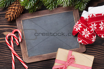 Christmas chalkboard, decor and fir tree