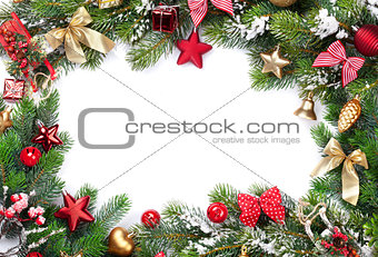 Christmas frame with decor and fir tree