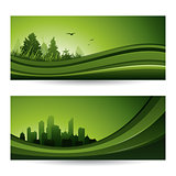 Fresh green abstract nature banner with trees and cityscape