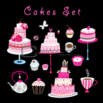 Vector set of sweet cakes and pastries