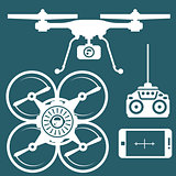 Silhouette of quadcopter and remote contro and smartphone