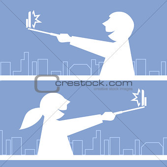 Girl and boy taking a photo with selfie stick - traveling people