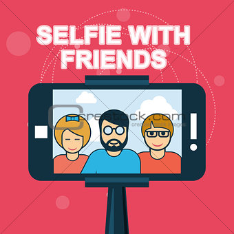 Selfie with friends - smartphone on selfie stick