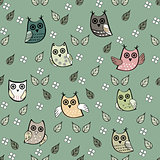Owl leaves vector seamless pattern. Vector owl. Animals and bird