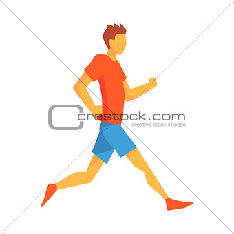 Man Jogging In Slow Pace, Male Sportsman Running The Track In Red Top And Blue Short In Racing Competition Illustration