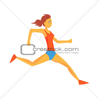 Woman Landing On Left Leg, Female Sportsman Running The Track In Red Top And Blue Short In Racing Competition Illustration