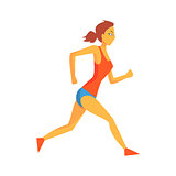 Woman Jogging In Slow Pace, Female Sportsman Running The Track In Red Top And Blue Short In Racing Competition Illustration