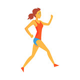 Woman Conserving Energy For Marathon Run, Female Sportsman Running The Track In Red Top And Blue Short In Racing Competition Illustration
