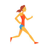 Woman Slowly Running Warming Up, Female Sportsman Running The Track In Red Top And Blue Short In Racing Competition Illustration