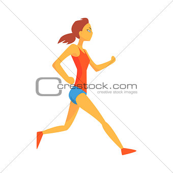 Woman Slowly Running Warming Up, Female Sportsman Running The Track In Red Top And Blue Short In Racing Competition Illustration