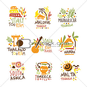 Touristic Travel Agency Set Of Colorful Promo Sign Design Templates With Different Tourism Countries And Their Famous Objects