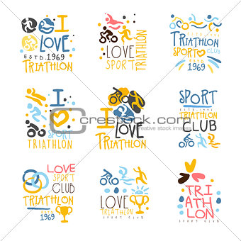 Triathlon Supporters And Fans Club For People That Love Sport Set Of Colorful Promo Sign Design Templates