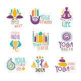 Yoga Center Set Of Colorful Promo Sign Design Templates With Different Indian Spiritual Symbols For Fitness Studio