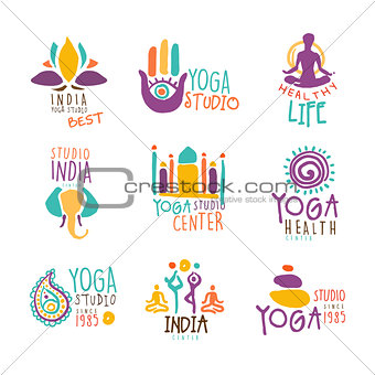 Yoga Center Set Of Colorful Promo Sign Design Templates With Different Indian Spiritual Symbols For Fitness Studio