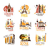 Touristic Travel Agency Set Of Colorful Promo Sign Design Templates With Different Tourism Cities And Their Architecture