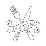 Best Catering Service Hand Drawn Black And White Sign With Crossed Fork And Knife Design Template With Calligraphic Text