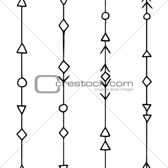 Seamless hand drawn geometric tribal pattern with rhombuses, triangles, squares and circles. Vector aztec design.