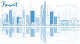 Outline Kuwait City Skyline with Blue Buildings and Reflections.