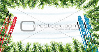 Christmas background with fir branches, snow and skiing.