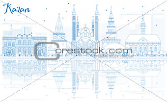 Outline Kazan Skyline with Blue Buildings and Reflections.