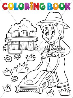 Coloring book gardener with lawn mower