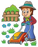 Gardener with lawn mower theme image 1