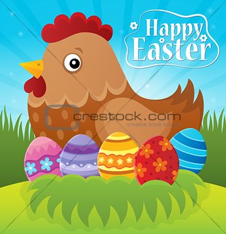 Happy Easter theme with hen and eggs