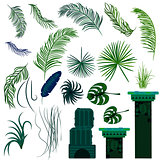 Jungle leaves and old ruin columns isolated objects.